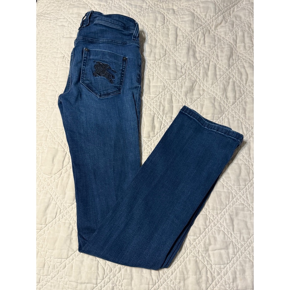 Burberry Brit Bootcut Jeans Womens 27 Blue Chelsea Beaded Knight Logo Denim